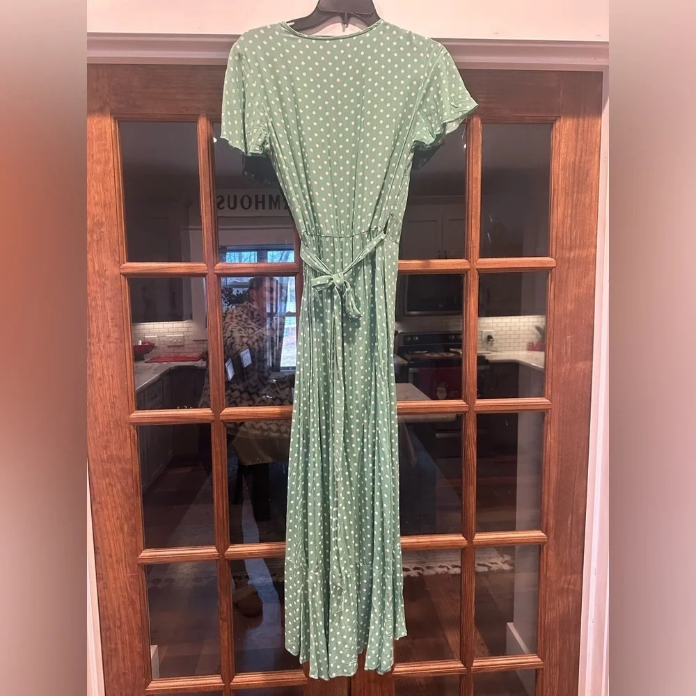 Green & White Flowing Polka Dot Wrap Dress Size Small Snap Top - Picture 7 of 9